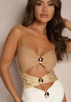 Beżowy Jednoczęściowy Strój Kąpielowy z Wycięciami i Metalowymi Ozdobami Rivanille