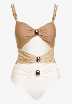 Beżowy Jednoczęściowy Strój Kąpielowy z Wycięciami i Metalowymi Ozdobami Rivanille