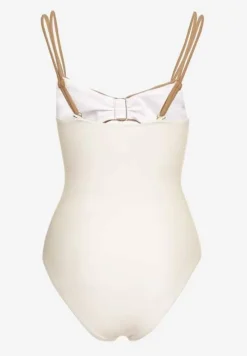 Beżowy Jednoczęściowy Strój Kąpielowy z Wycięciami i Metalowymi Ozdobami Rivanille