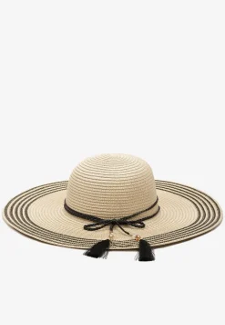 Beżowy Kapelusz z Chwostami i Koralikami z Szerokim Rondem Vadala