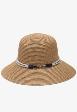 Beżowy Kapelusz z Naturalnej Plecionki Typu Bucket z Ozdobną Klamerką z Kotwicami Priscenella
