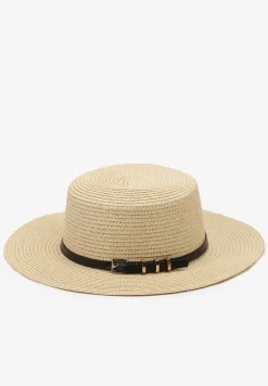 Beżowy Kapelusz z Plecionki z Paskiem i Szerokim Rondem Aspicaia