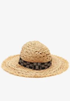 Beżowy Kapelusz z Plecionki Zdobiony Tasiemką z Szerokim Rondem Zolaria