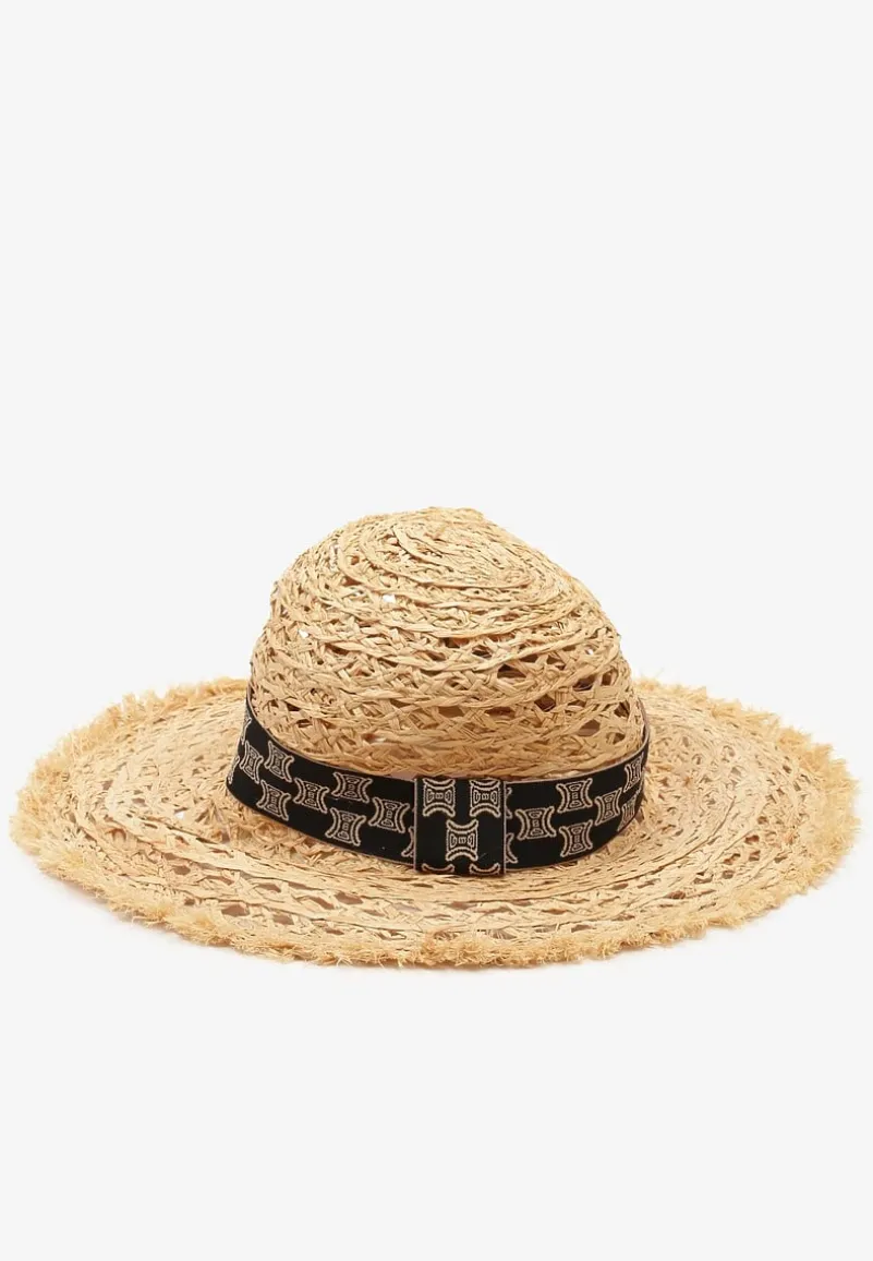 Beżowy Kapelusz z Plecionki Zdobiony Tasiemką z Szerokim Rondem Zolaria