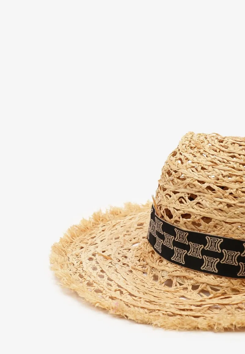 Beżowy Kapelusz z Plecionki Zdobiony Tasiemką z Szerokim Rondem Zolaria