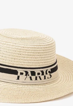 Beżowy Kapelusz z Plecionki z Tasiemką i Napisem Kollasea