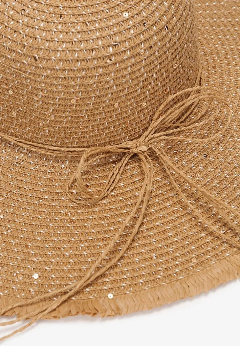 Beżowy Kapelusz Z Szerokim Rondem Cekinami i Kokardką Anne-Laure