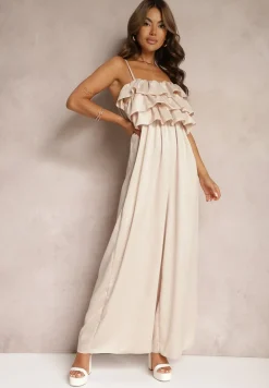 Beżowy Koktajlowy Kombinezon na Ramiączkach z Regulacją i Gumką w Talii Uesvia