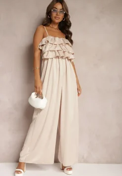 Beżowy Koktajlowy Kombinezon na Ramiączkach z Regulacją i Gumką w Talii Uesvia