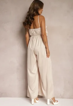 Beżowy Koktajlowy Kombinezon na Ramiączkach z Regulacją i Gumką w Talii Uesvia