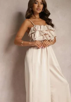 Beżowy Koktajlowy Kombinezon na Ramiączkach z Regulacją i Gumką w Talii Uesvia