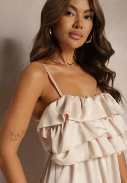 Beżowy Koktajlowy Kombinezon na Ramiączkach z Regulacją i Gumką w Talii Uesvia