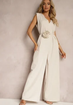 Beżowy Kombinezon Wykończony Prostymi Szerokimi Nogawkami z Wiskozą i Kwiatem 3D Dimentia