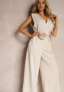 Beżowy Kombinezon Wykończony Prostymi Szerokimi Nogawkami z Wiskozą i Kwiatem 3D Dimentia