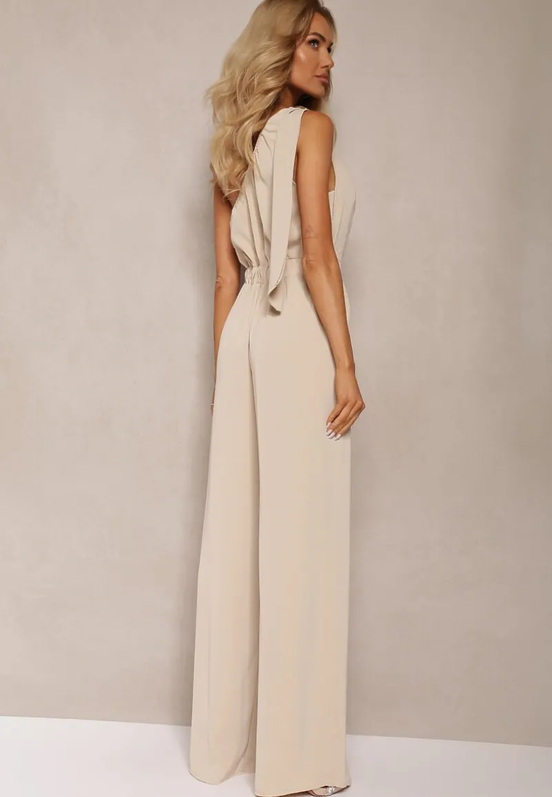 Beżowy Kombinezon z Asymetrycznym Dekoltem i Kieszeniami Benae