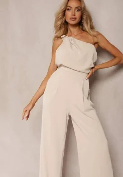 Beżowy Kombinezon z Asymetrycznym Dekoltem i Kieszeniami Benae