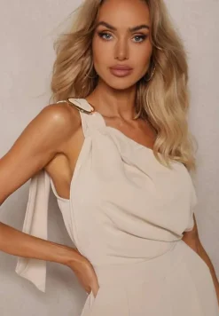 Beżowy Kombinezon z Asymetrycznym Dekoltem i Kieszeniami Benae