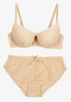 Beżowy Komplet Bielizny Koronkowej Klasyczny Biustonosz i Figi z Wysokim Stanem Nasellea