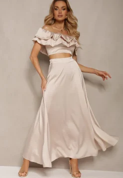Beżowy Komplet Długa Spódnica Rozkloszowana z Rozcięciem na Boku oraz Bluzka Hiszpanka Virera