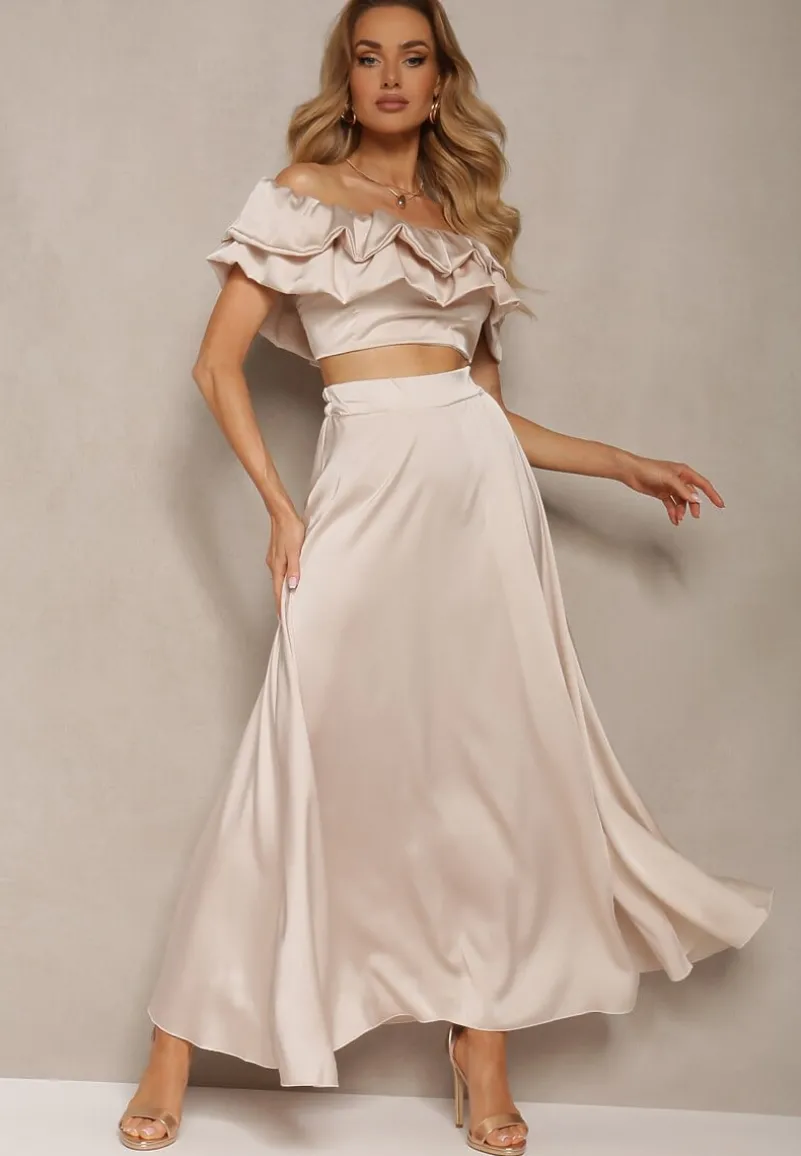 Beżowy Komplet Długa Spódnica Rozkloszowana z Rozcięciem na Boku oraz Bluzka Hiszpanka Virera