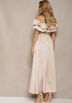 Beżowy Komplet Długa Spódnica Rozkloszowana z Rozcięciem na Boku oraz Bluzka Hiszpanka Virera