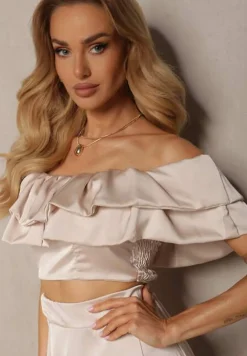 Beżowy Komplet Długa Spódnica Rozkloszowana z Rozcięciem na Boku oraz Bluzka Hiszpanka Virera