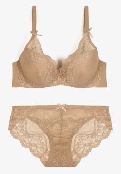 Beżowy Komplet Koronkowy z Kokardkami Majtki typu Figi i Biustonosz Full Cup Iriniues