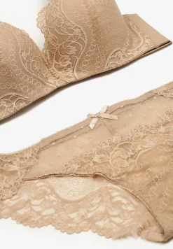 Beżowy Komplet Koronkowy z Kokardkami Majtki typu Figi i Biustonosz Full Cup Iriniues