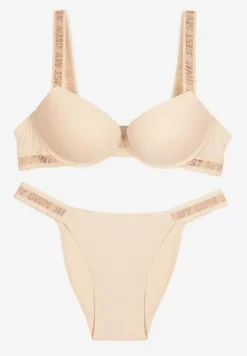 Beżowy Komplet Ozdobiony Napisami z Biustonoszem z Efektem Push-Up i Majtkami Bralicia