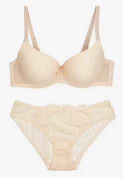 Beżowy Komplet z Koronką Figi i Usztywniany Biustonosz z Kokardami Iridorea