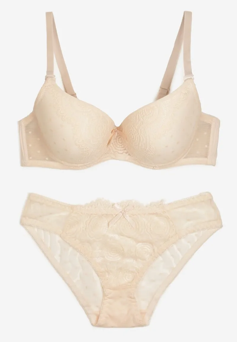 Beżowy Komplet z Koronką Figi i Usztywniany Biustonosz z Kokardami Iridorea