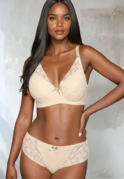 Beżowy Komplet z Koronki Figi i Usztywniany Biustonosz Nevenis
