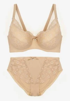Beżowy Komplet z Koronki Figi i Usztywniany Biustonosz Nevenis
