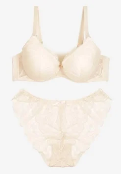 Beżowy Komplet z Koronki Majtki Ozdobione Kokardą Biustonosz na Regulowanych Ramiączkach Arfiana