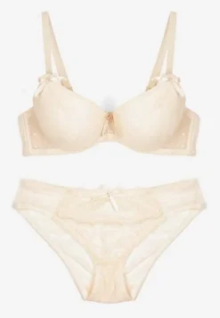 Beżowy Komplet z Koronki Majtki Typu Figi i Biustonosz z Kokardami i Usztywnieniem Arrbelia