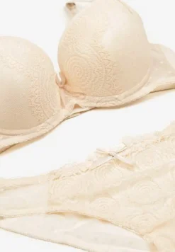 Beżowy Komplet z Koronki Majtki Typu Figi i Biustonosz z Kokardami i Usztywnieniem Arrbelia