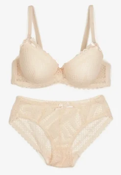 Beżowy Komplet z Koronki Regulowany Biustonosz Full Cup oraz Majtki Figi Irialynne