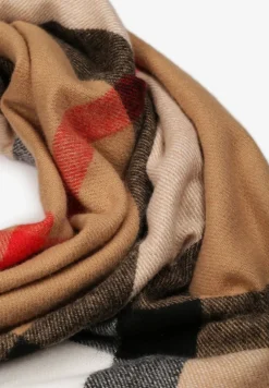 Beżowy Kwadratowy Szalik w Kratę z Frędzlami z Bawełny i Wiskozy Axenlia