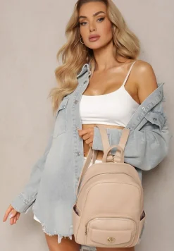 Beżowy Mały Plecak w Stylu Casual z Imitacji Skóry Arxena