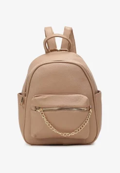 Beżowy Mały Plecak z Imitacji Skóry na Regulowanych Szelkach z Łańcuszkiem Carnissa
