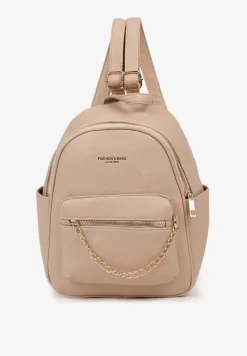 Beżowy Plecak na Szelkach z Regulacjach Ozdobione Łańcuszkiem i Napisami Hettana