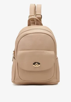 Beżowy Plecak na Regulowanych Szelkach ze Złotą Ozdobą i Rączką Imenaria