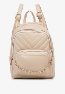 Beżowy Plecak Ozdobiony Łańcuszkiem i Pikowaniem Kolaggia
