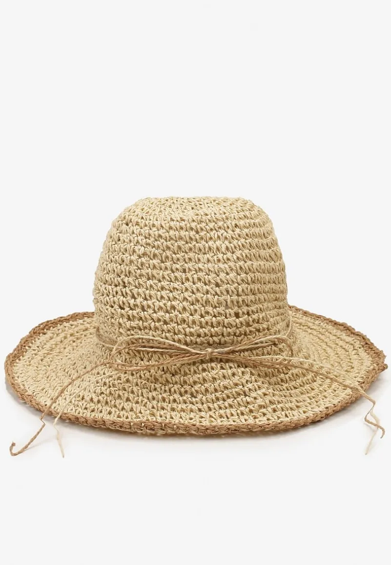 Beżowy Pleciony Kapelusz Plażowy Ozdobiony Rzemykiem Wilhelnella
