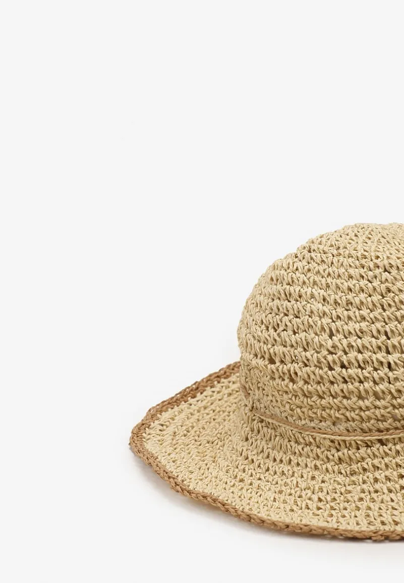 Beżowy Pleciony Kapelusz Plażowy Ozdobiony Rzemykiem Wilhelnella