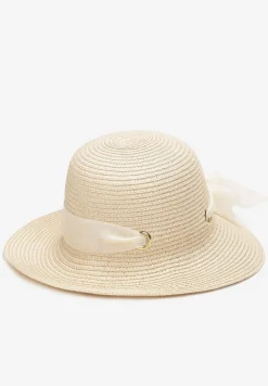 Beżowy Pleciony Kapelusz z Kokardką i Szerokim Rondem Maronia