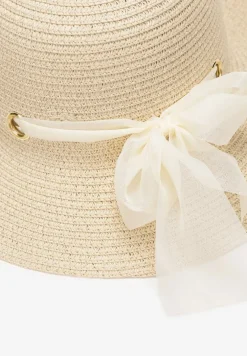Beżowy Pleciony Kapelusz z Kokardką i Szerokim Rondem Maronia