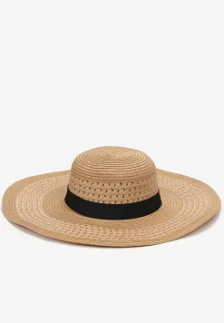 Beżowy Pleciony Kapelusz z Taśmą i Szerokim Rondem Dianexis
