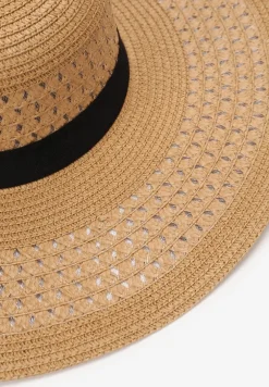 Beżowy Pleciony Kapelusz z Taśmą i Szerokim Rondem Dianexis