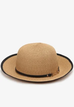 Beżowy Pleciony Kapelusz z Ozdobnym Paskiem Fluzia